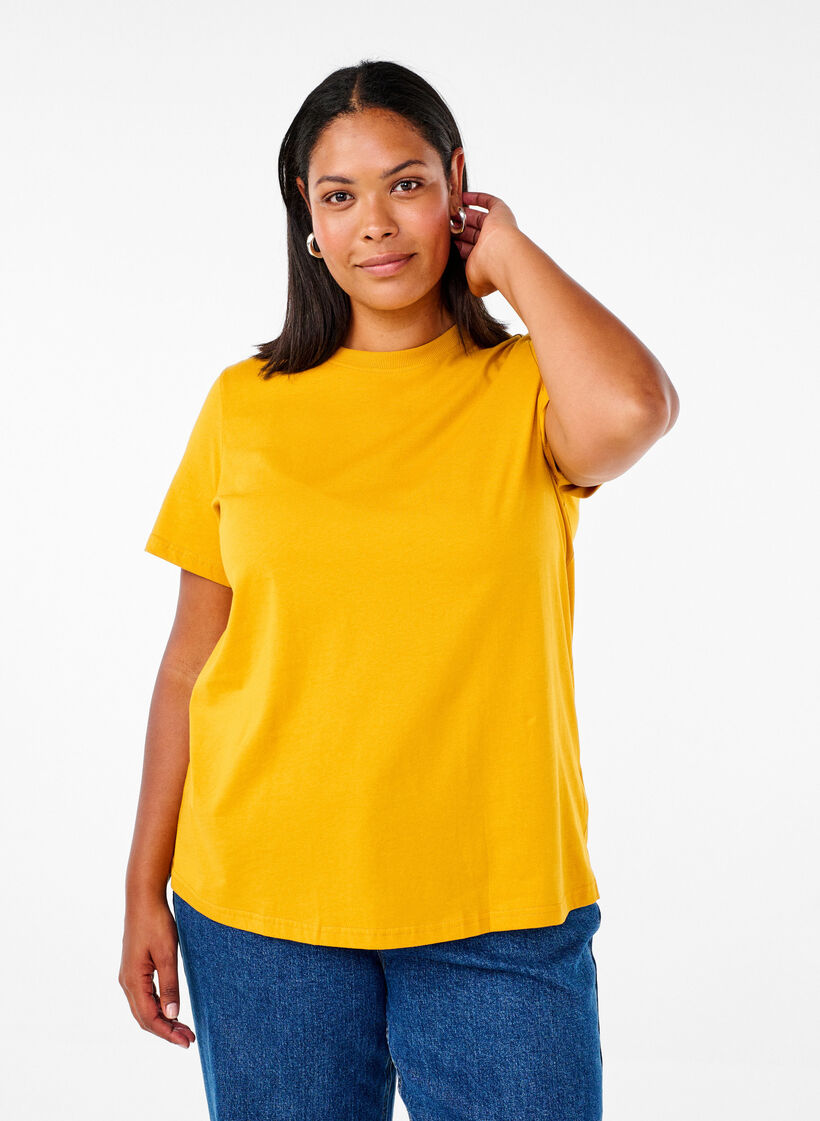 Basis t-shirt i bomuld med rund hals , Gul, Model image number 0