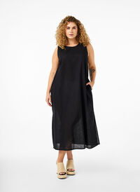 Ærmeløs kjole i bomuldsmix med hør, Black, Model