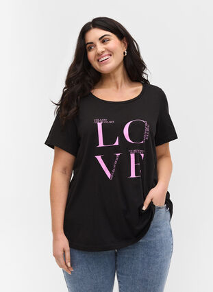 Bomulds t-shirt med print, Black Cyclamen LOVE, Model image number 0