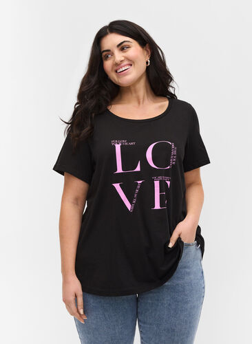Bomulds t-shirt med print, Black Cyclamen LOVE, Model image number 0