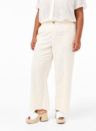 Højtaljede bukser i bomuld og hør, Whitecap Gray, Model image number 2