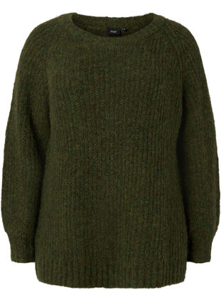 Striktrøje med uld og raglanærmer, Winter Moss, Packshot image number 0