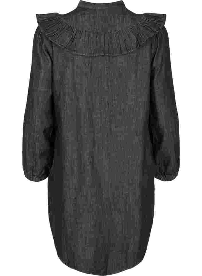 Denimkjole med similiknapper og flæser, Black Washed, Packshot image number 1