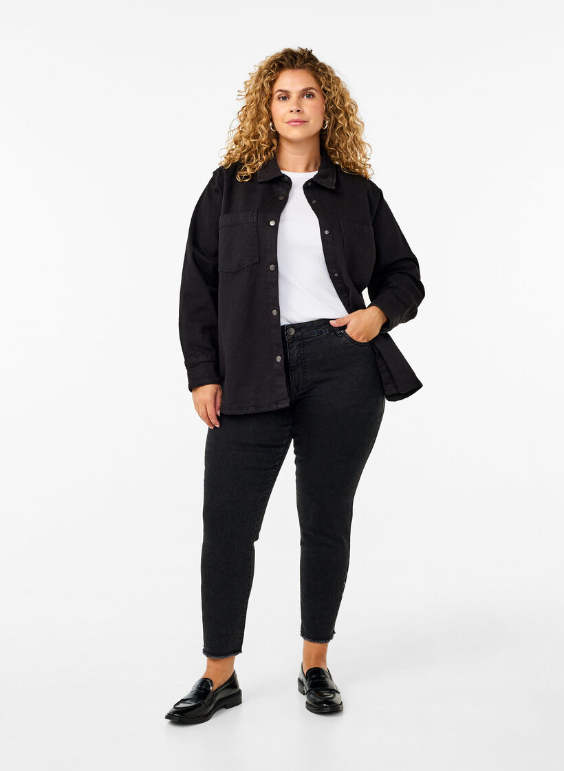 Cropped Emily jeans med rå kant forneden, Dark Grey Denim, Model image number 0