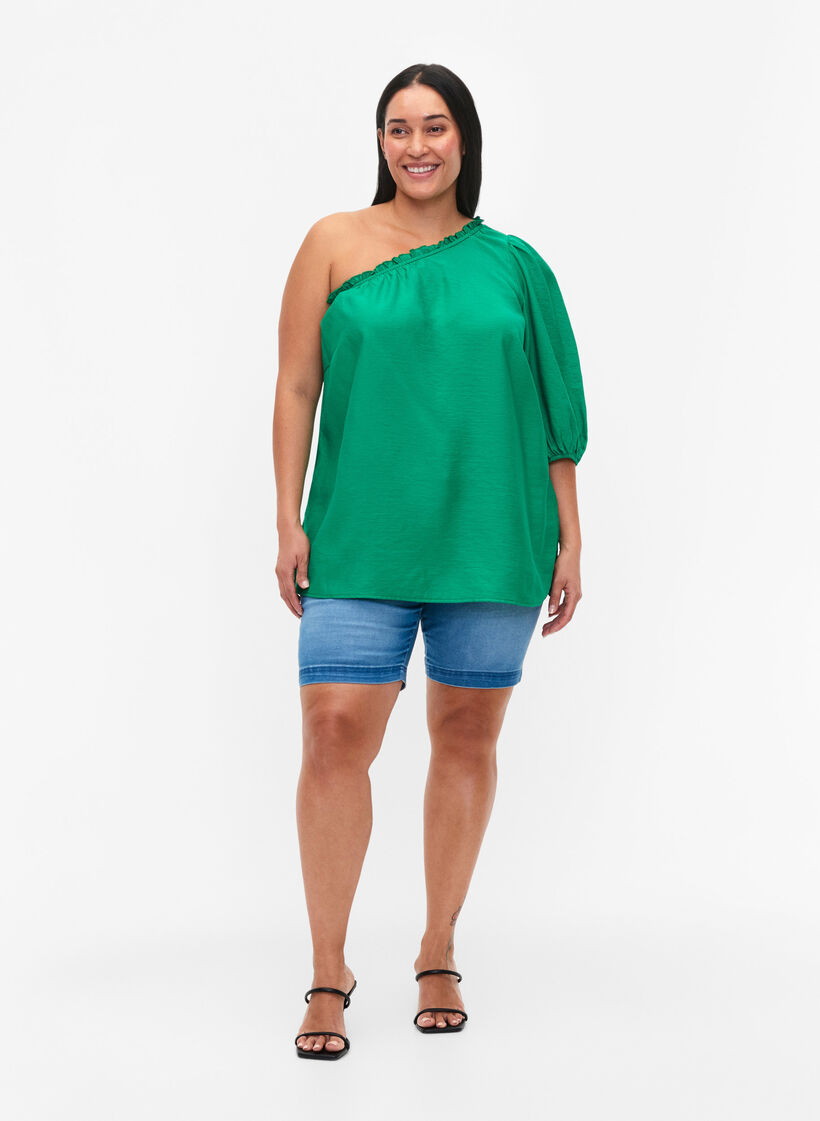 One-shoulder bluse i viskose, Grøn, Model image number 1