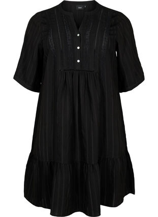 Stribet viskose kjole med blondebånd, Black, Packshot image number 0