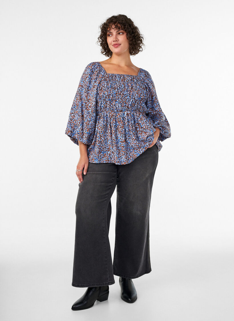 Bluse med smock og firkantet halsudsk&aelig;ring, Bl&aring;, Model image number 1