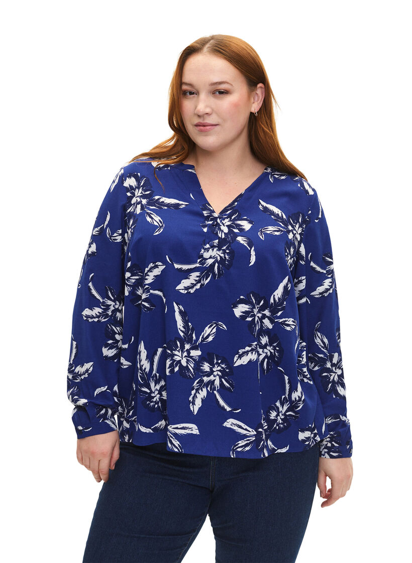 FLASH - Langærmet bluse med print, Navy Blazer Flower, Model image number 0