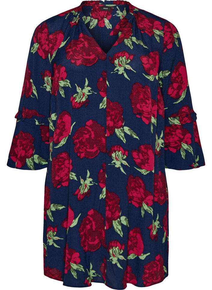 Blomstret kjole i viskose med fl&aelig;ser, Bl&aring;, Packshot image number 0