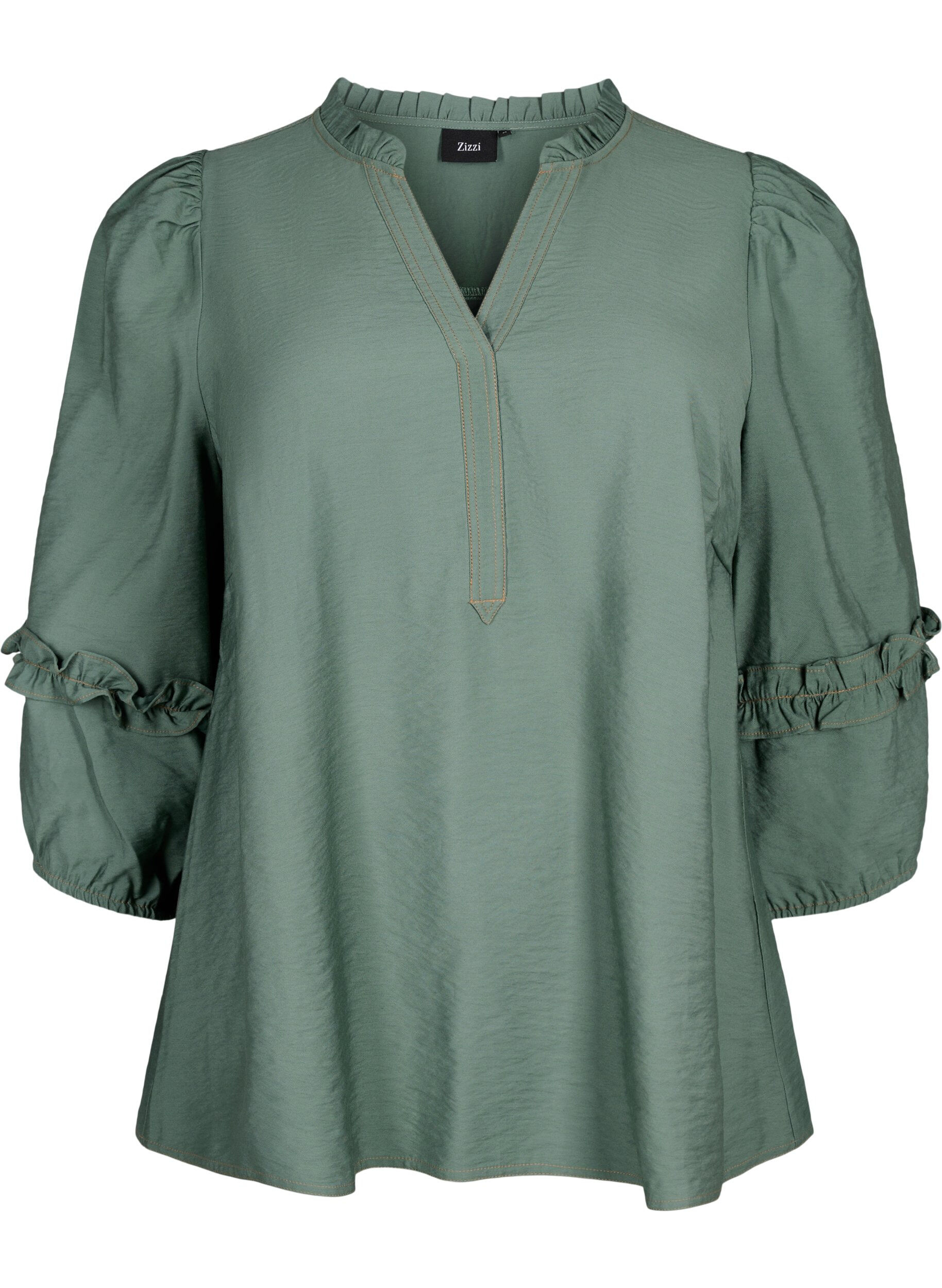 Zizzi Bluse med fl&aelig;ser, Duck Green, Packshot image number 0