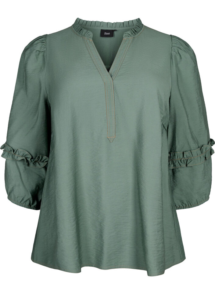 Bluse med flæser, Duck Green, Packshot image number 0