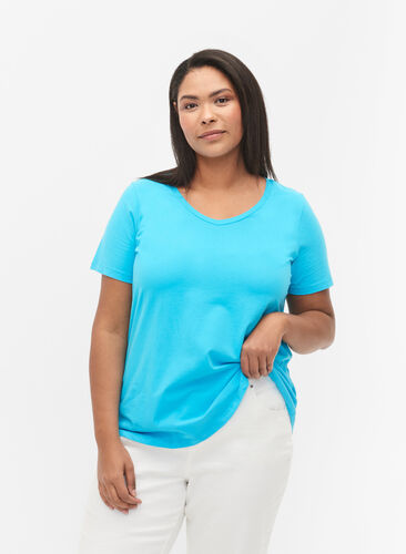 Ensfarvet basis t-shirt i bomuld, Blue Atoll, Model image number 0