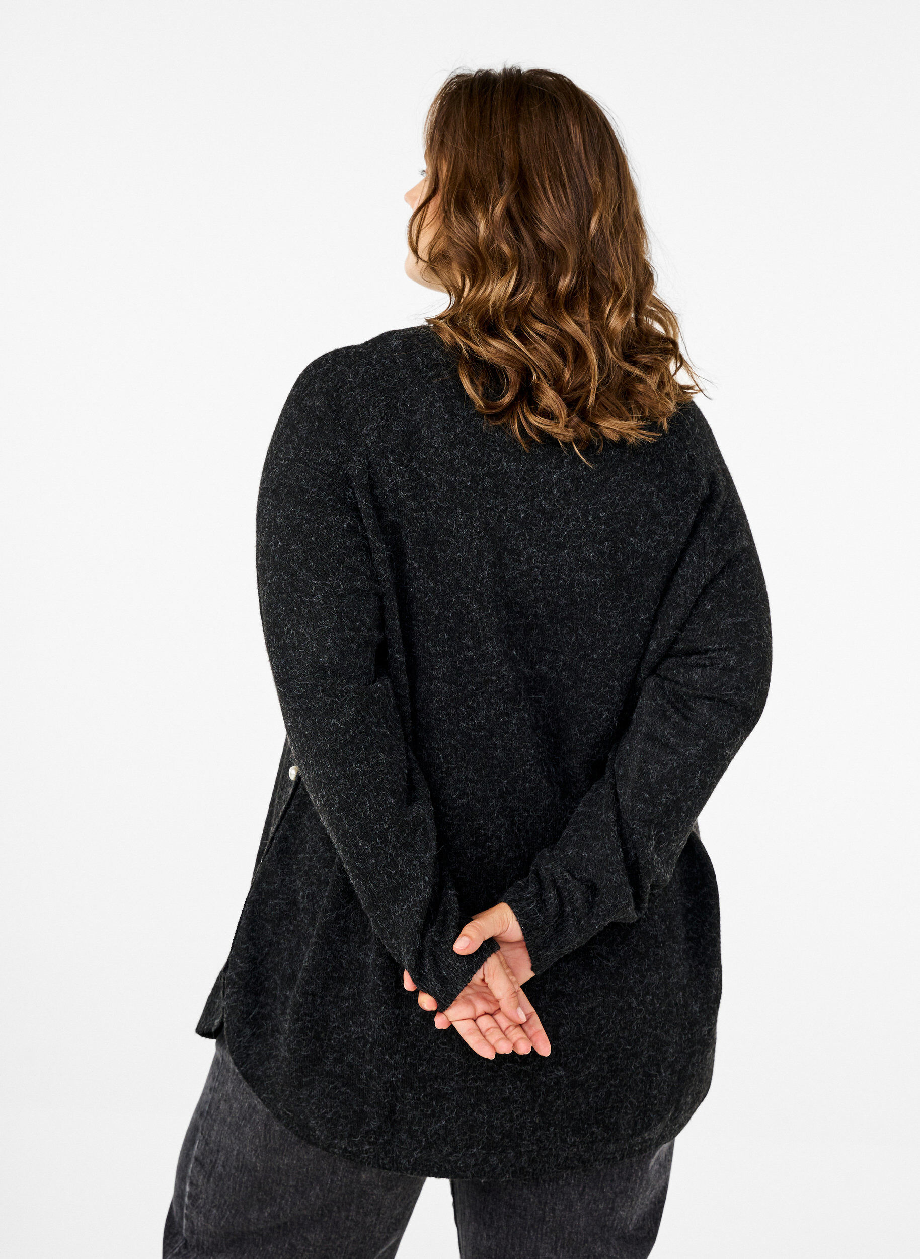 Zizzi Strikbluse med perledetaljer, Dark Grey Melange, Model image number 1