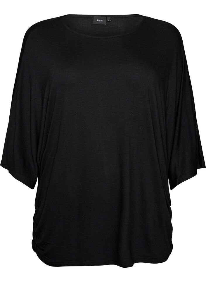 Jerseybluse med albuelange &aelig;rmer og balloneffekt, Sort, Packshot image number 0