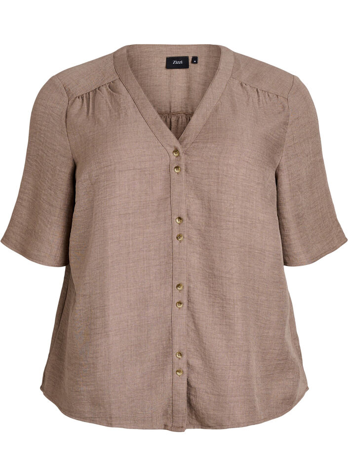 Skjortebluse med v-hals og korte &aelig;rmer, Brun, Packshot image number 0