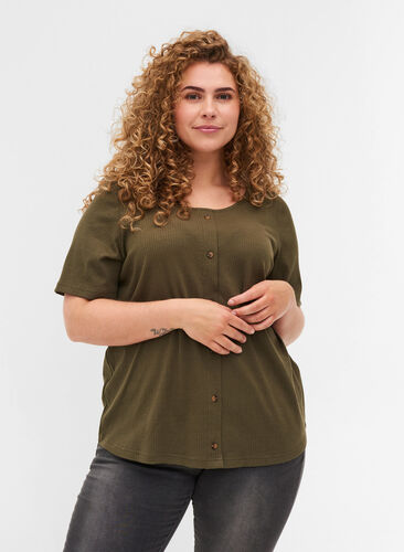 Kortærmet rib t-shirt med knapper, Ivy Green , Model image number 0