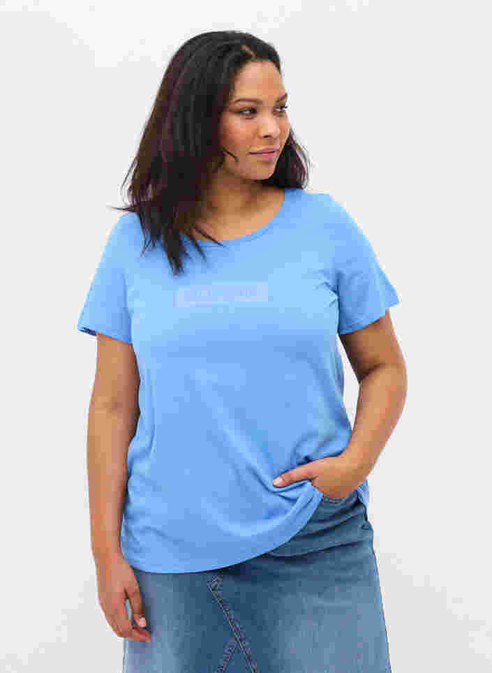 Kortærmet bomulds t-shirt med tryk , Ultramarine TEXT, Model image number 0