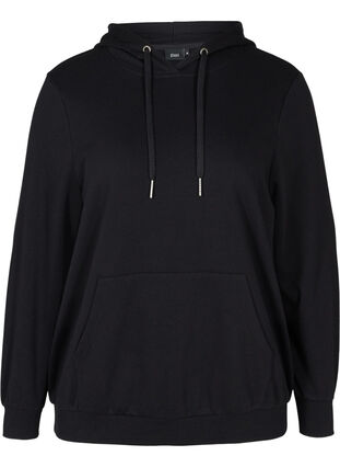 Sweatshirt med hætte og lomme, Black, Packshot image number 0