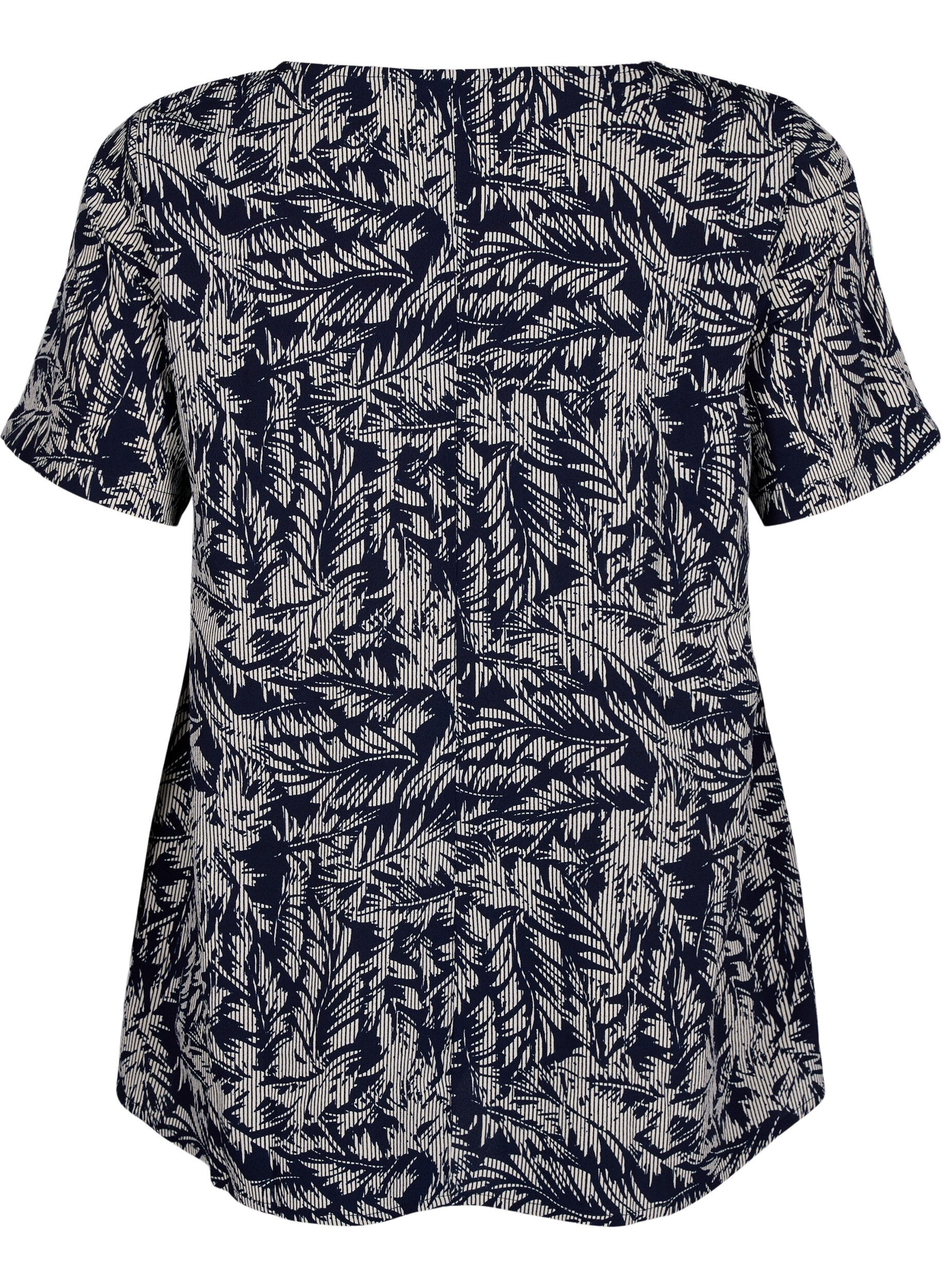 Zizzi FLASH - Bluse med korte &aelig;rmer og print, Off White Blue Leaf, Packshot image number 1