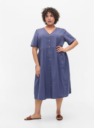 Kortærmet kjole med knapper og lommer, Nightshadow Blue, Model image number 2