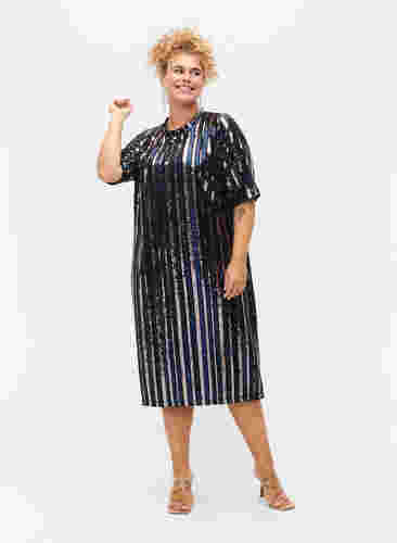 Kortærmet pailletkjole med slids, Evening Blue Stripe , Model image number 2
