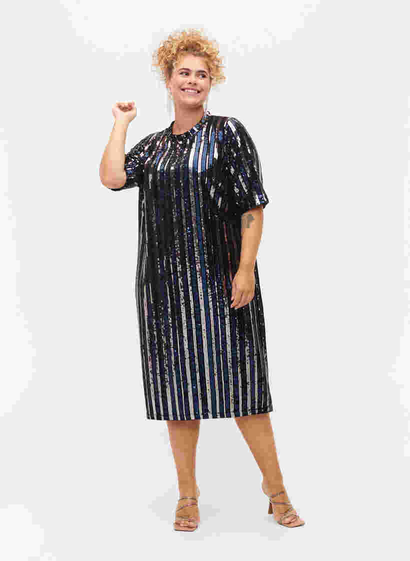 Kortærmet pailletkjole med slids, Evening Blue Stripe , Model image number 2