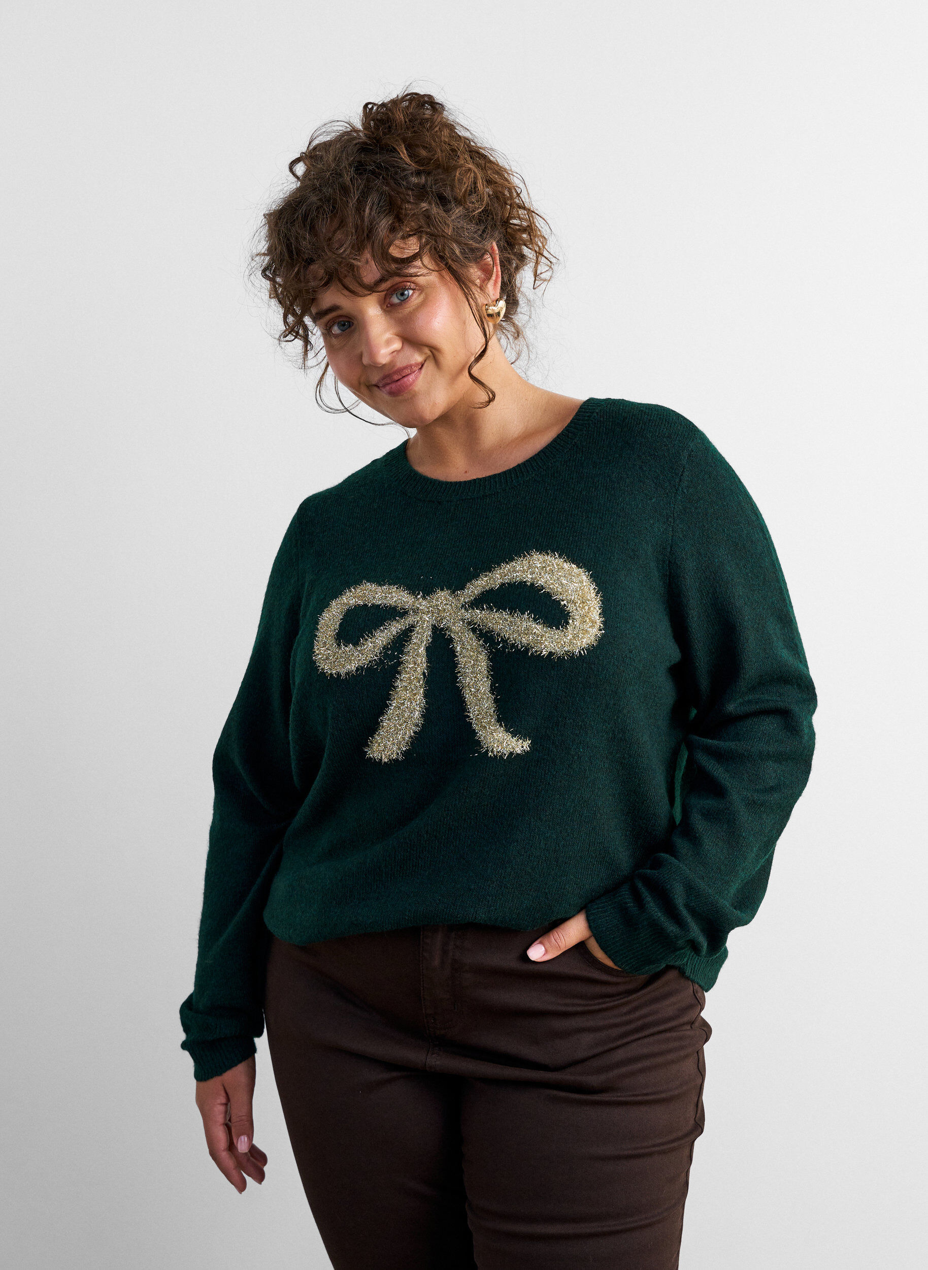 Strikbluse med glittersl&oslash;jfe, Gr&oslash;n, Model