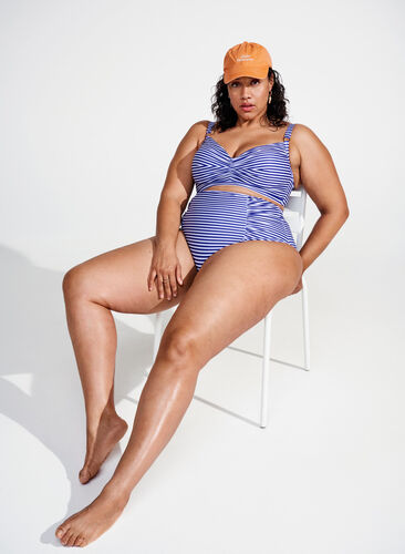 Stribet bikinitrusse med høj talje, Blue Striped, Image image number 0