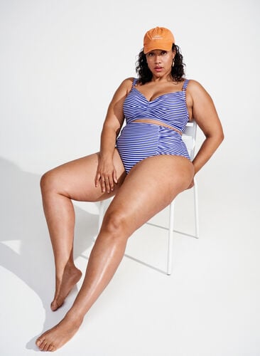 Stribet bikinitrusse med høj talje, Blue Striped, Image image number 0