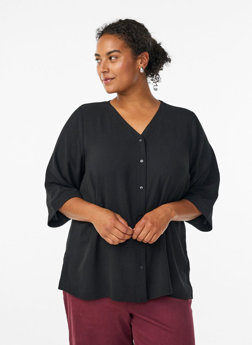 Skjortebluse med V-udsk&aelig;ring og 3/4-&aelig;rmer, Sort, Model image number 0