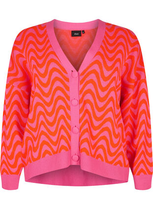 Strikket cardigan med mønster og knapper, Hot Pink Comb., Packshot image number 0
