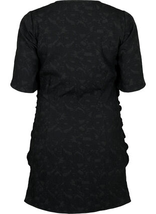 Kortærmet kjole med tekstur og draperinger, Black, Packshot image number 1