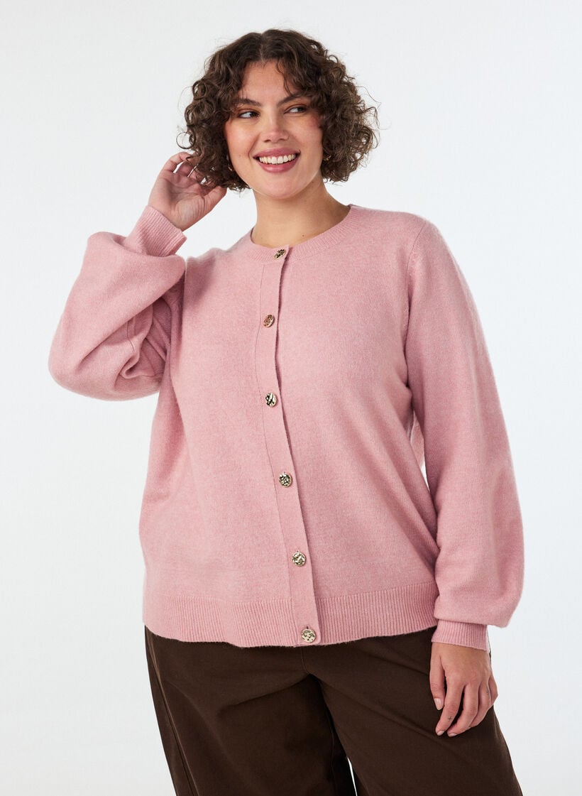 Cardigan i bl&oslash;d strik med guldfarvede knapper, Lyser&oslash;d, Model image number 0