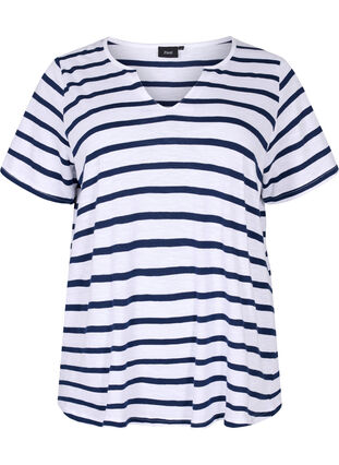 Stribet bomulds t-shirt med v-hals, Bright White Stripe, Packshot image number 0