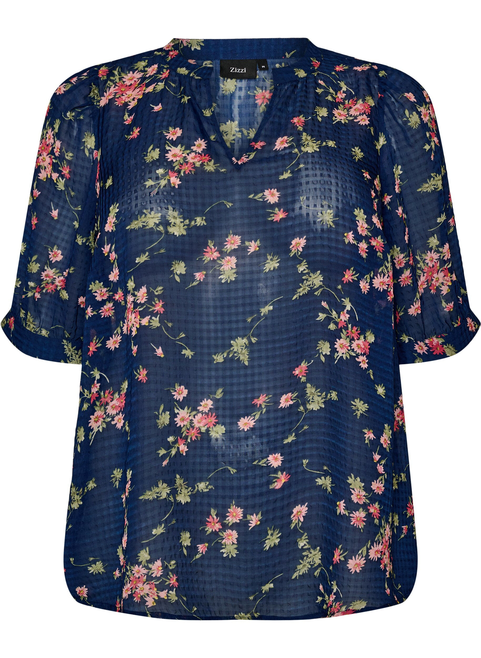 ZizziBluse med blomsterprint og V-udsk&aelig;ring, Bl&aring;, Packshot image number 0