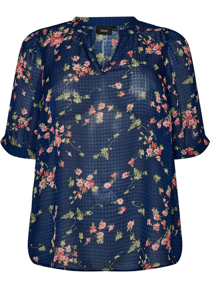 Bluse med blomsterprint og V-udsk&aelig;ring, Bl&aring;, Packshot image number 0