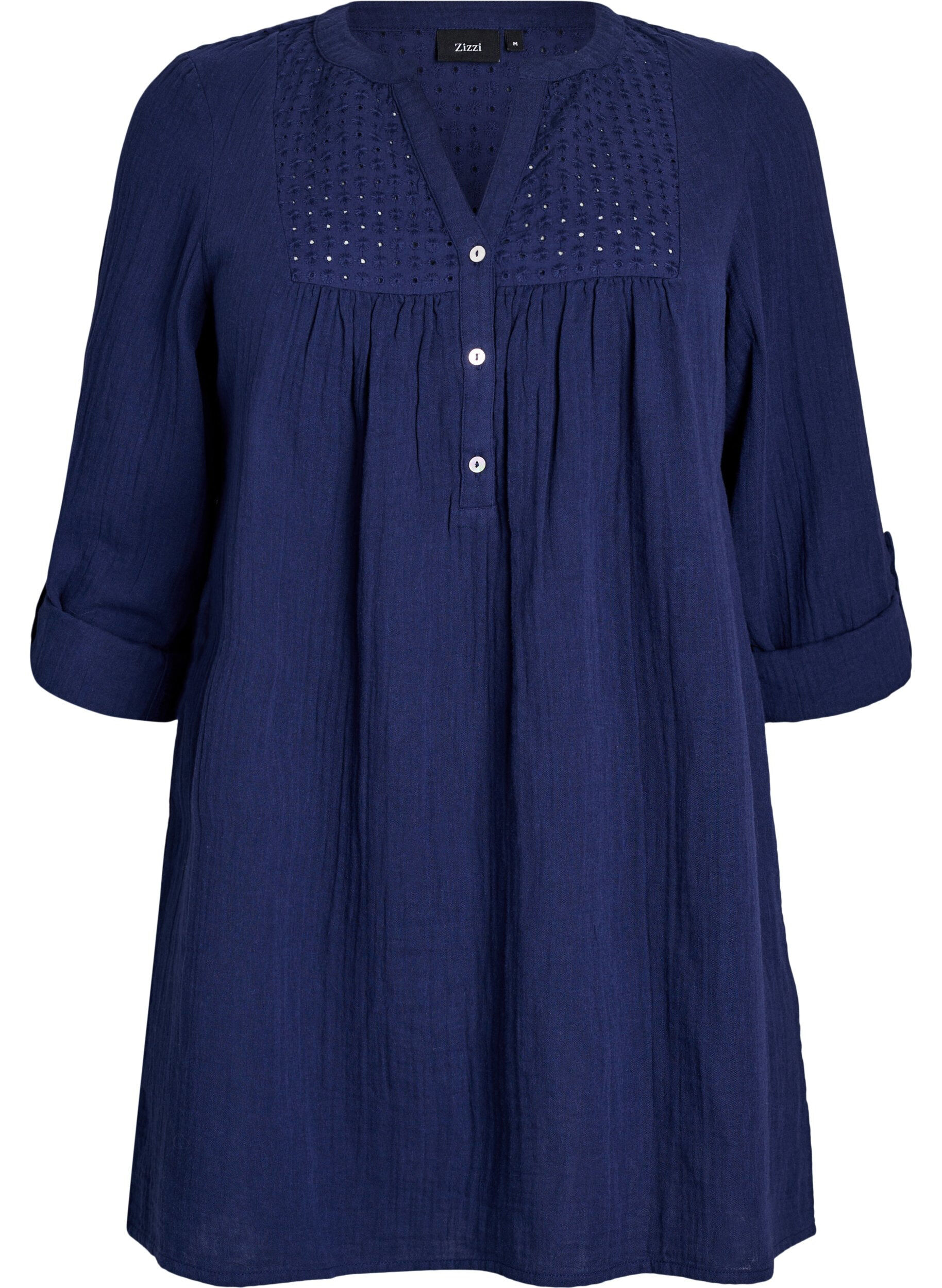 ZizziTunika i bomuldsmusselin med broderi anglaise, Bl&aring;, Packshot image number 0