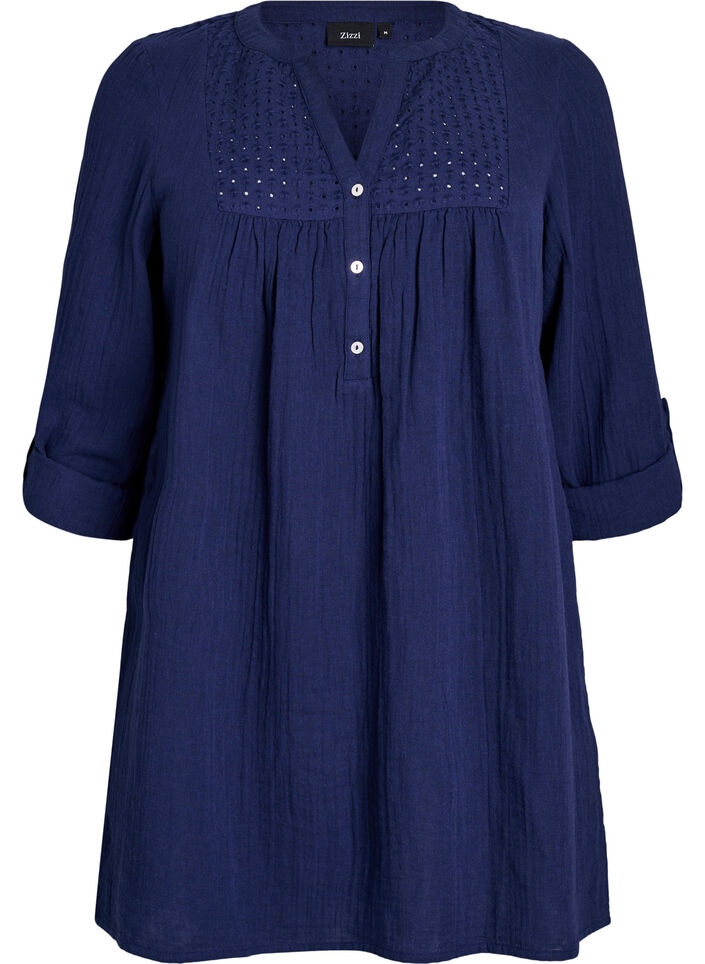 Tunika i bomuldsmusselin med broderi anglaise, Bl&aring;, Packshot image number 0