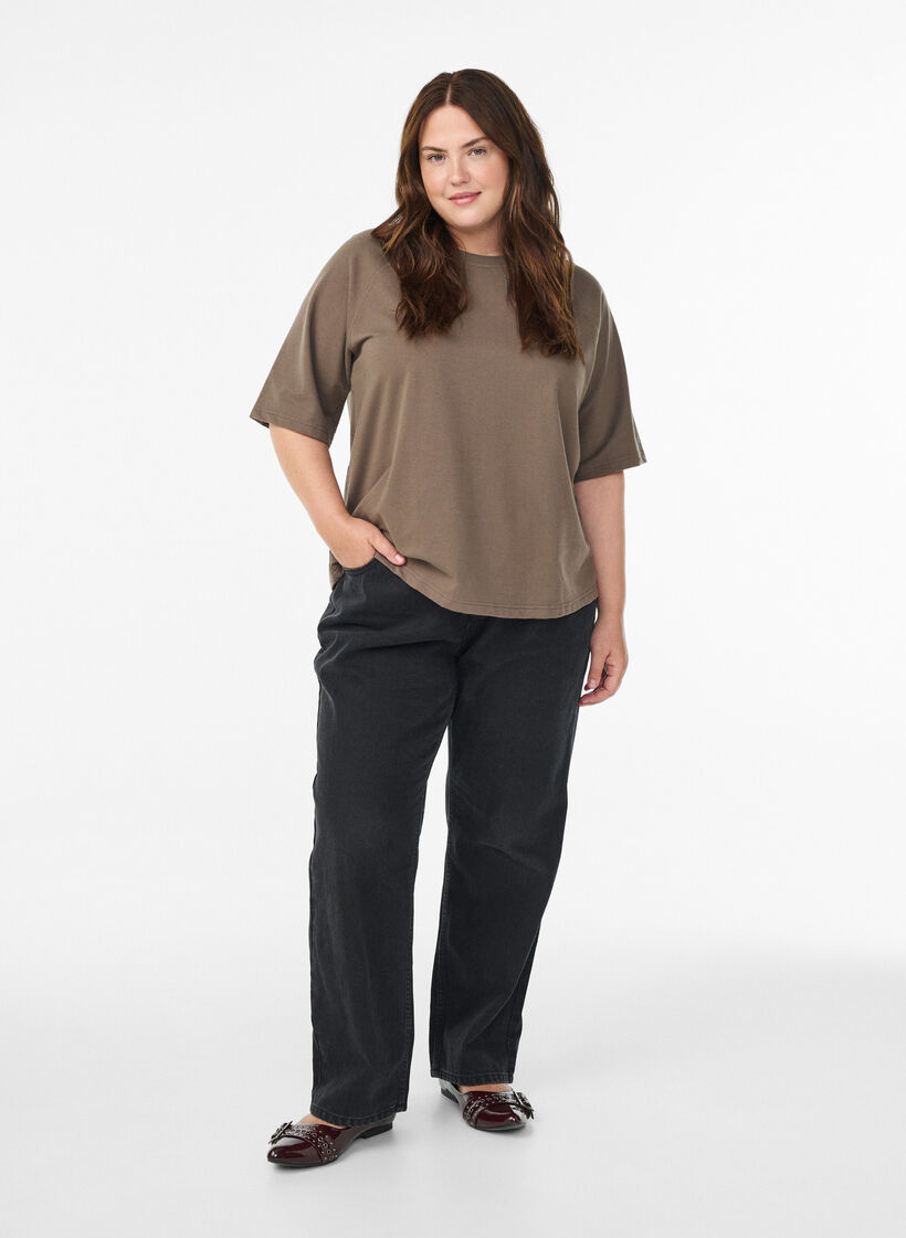 Jerseybluse med 1/2 raglanærmer, Brun, Model image number 1