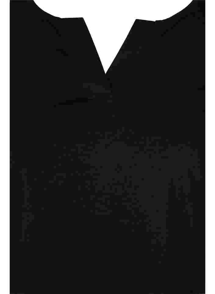 Ensfarvet bomulds bluse med 3/4 ærmer og slids, Black, Packshot image number 2