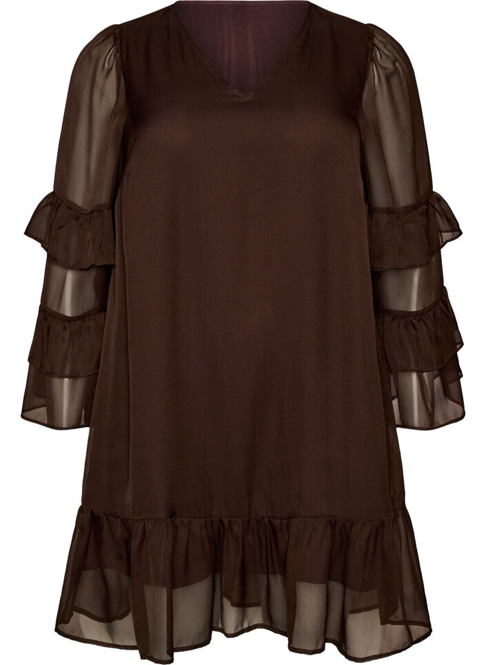 Kort kjole med transparente fl&aelig;se&aelig;rmer, Brun, Packshot image number 0