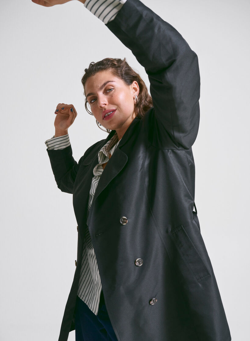 Kort trenchcoat med bælte, Sort, Image image number 0