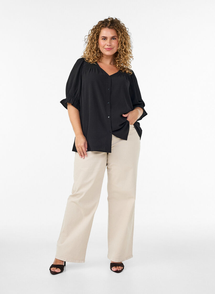 Skjortebluse med 1/2 &aelig;rmer, Sort, Model image number 1