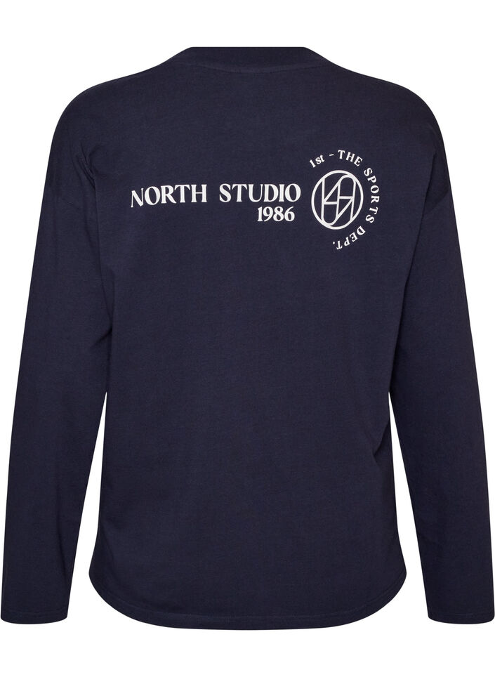 Lang&aelig;rmet jerseybluse med tekstprint, Bl&aring;, Packshot image number 1