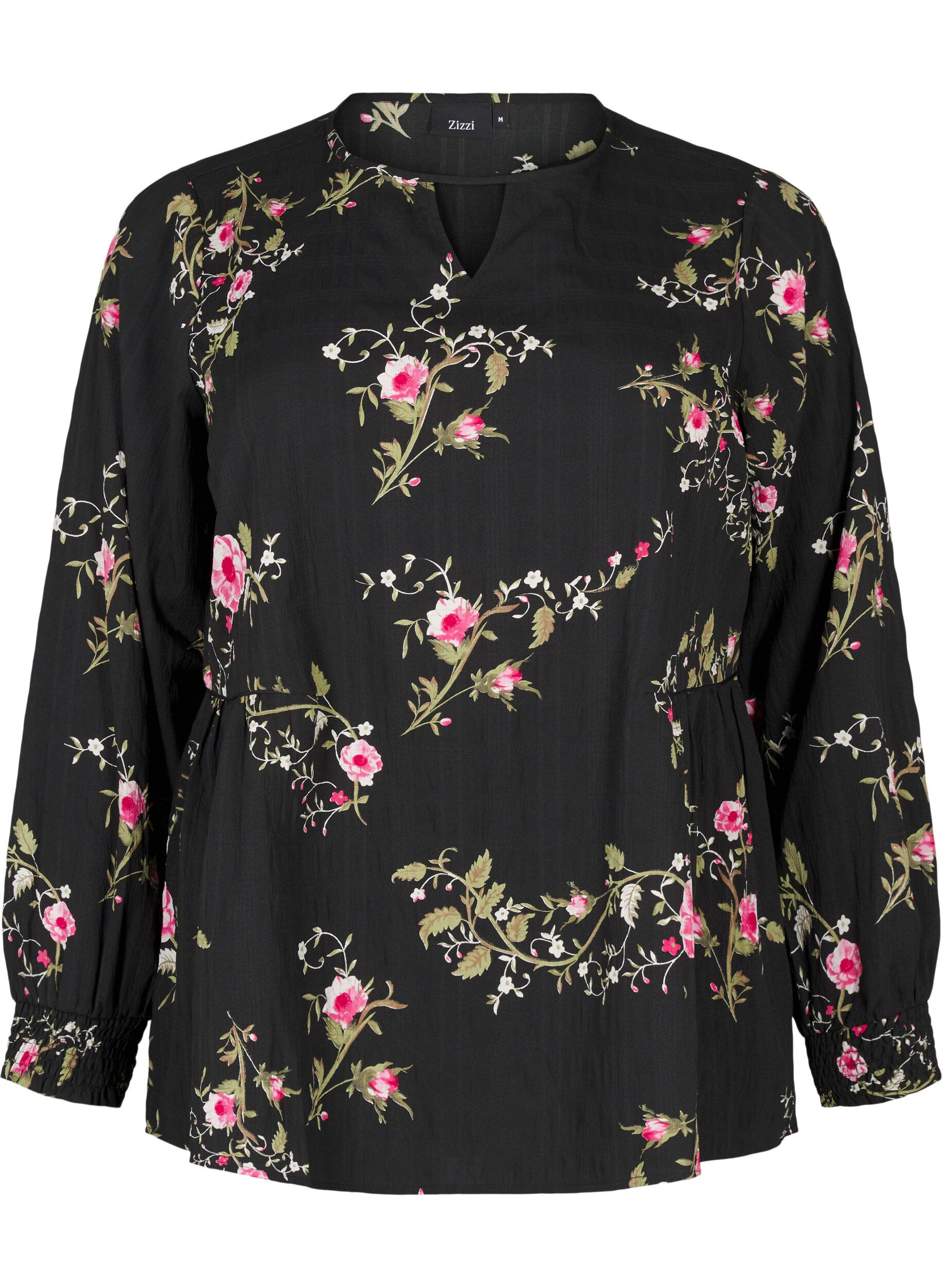 ZizziLang&aelig;rmet bluse med blomsterprint, Sort, Packshot image number 0