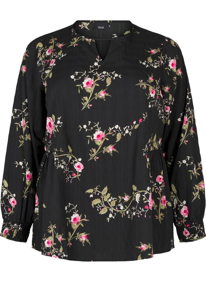 Lang&aelig;rmet bluse med blomsterprint, Sort, Packshot image number 0