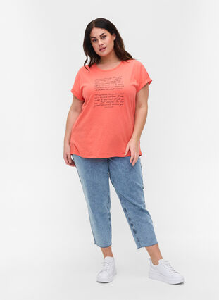 T-shirt med tryk i økologisk bomuld, Living Coral Text, Model image number 2