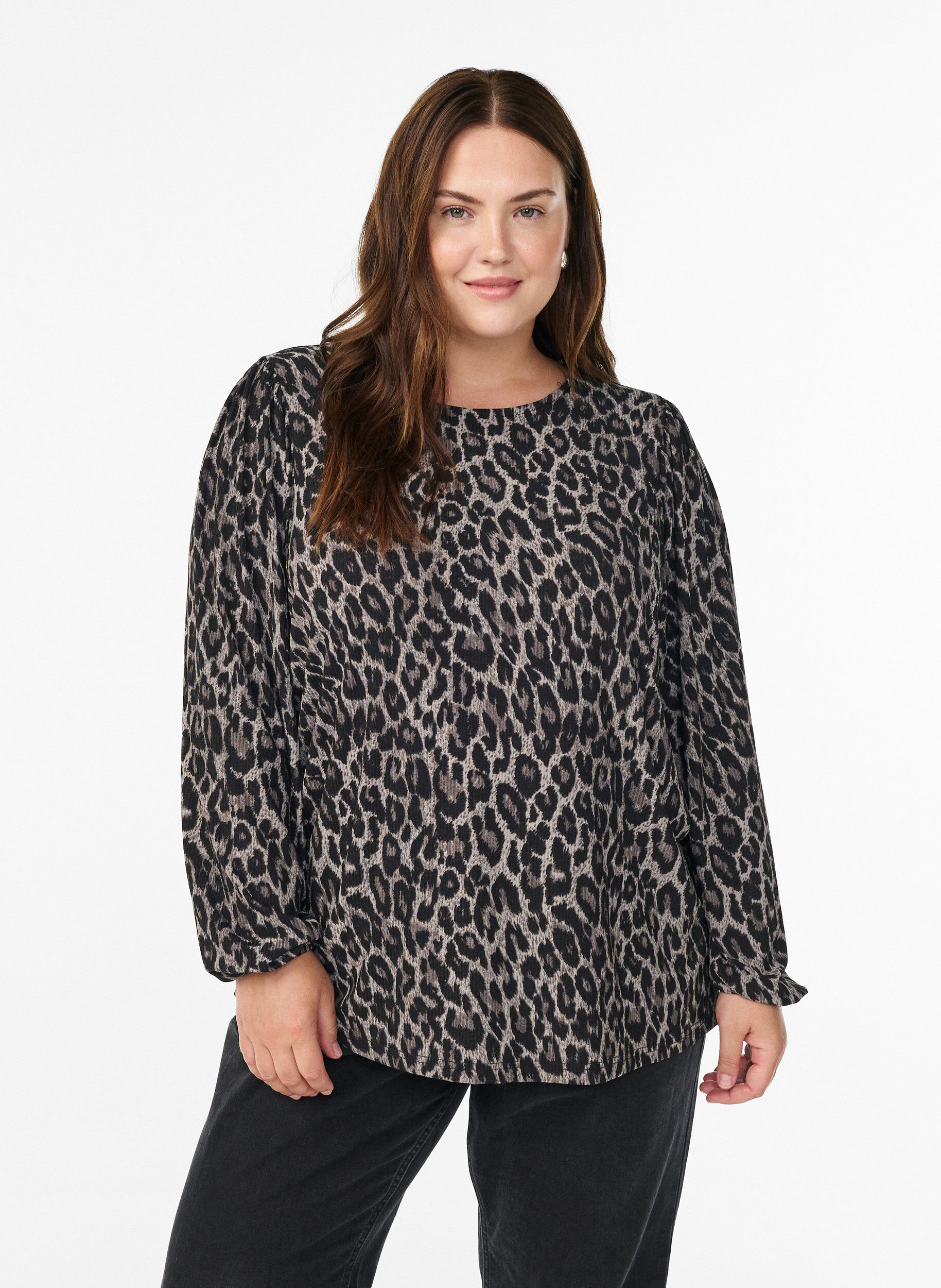 Bluse med lange &aelig;rmer og leoprint, Gr&aring;, Model