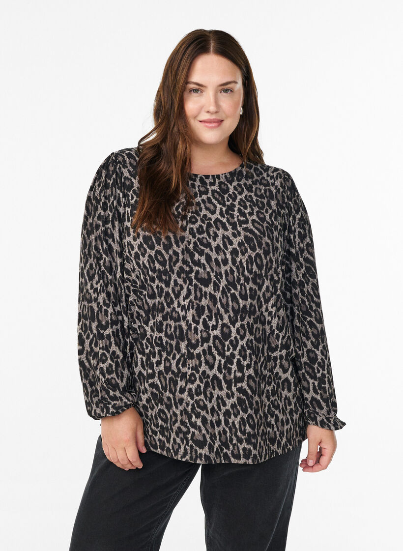 Bluse med lange ærmer og leoprint, Grå, Model image number 0