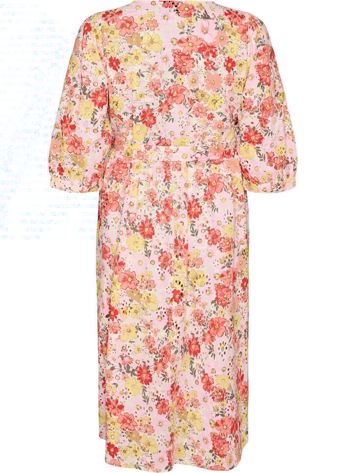 Blomstret midikjole med broderie anglaise og bindeb&aring;nd, Lyser&oslash;d, Packshot image number 1